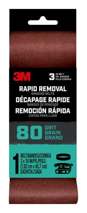 3M™ Rapid Removal 3 x 18 inch Power Sanding Belt, 80 grit,
Belt3x181pk80, 1 pk, 10/case