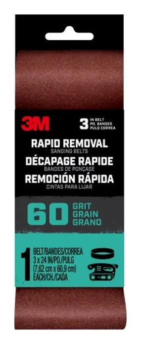 3M™ Rapid Removal 3 x 24 inch Power Sanding Belt, 60 grit,
Belt3x241pk60, 1 pk, 10/case