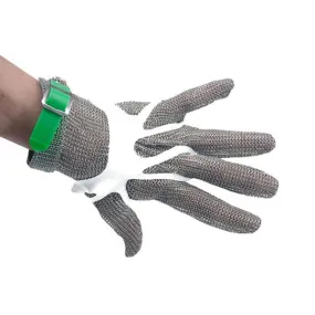 5 Finger Stainless Steel Mesh Glove With Green Silicone Strap – Extra Large