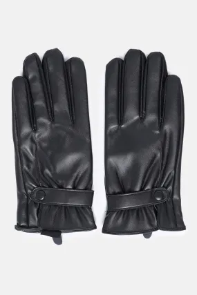 Black Faux Leather Men's Gloves with Fleece Lining - Wessi