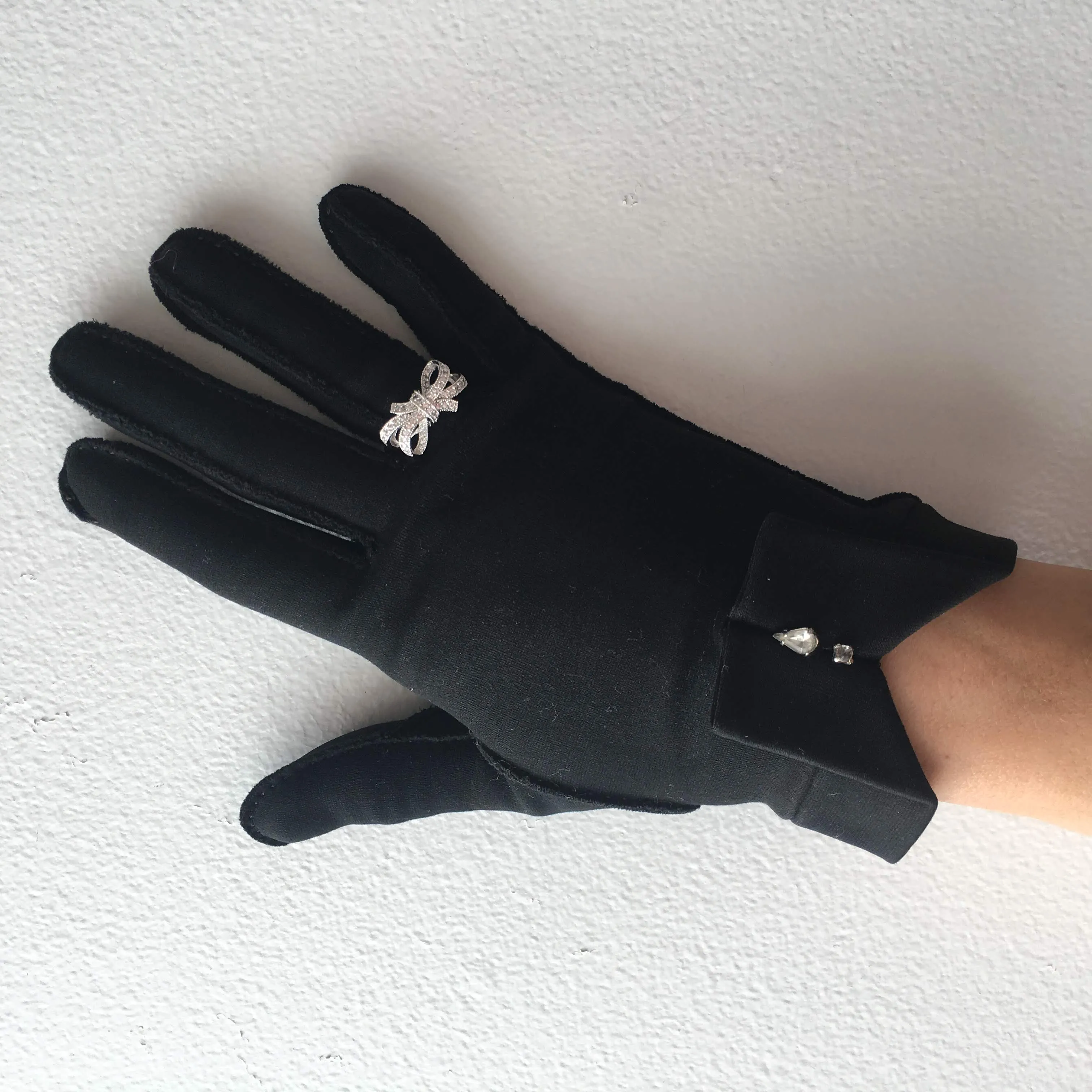 Black Gloves with Rhinestones Vintage Accessory