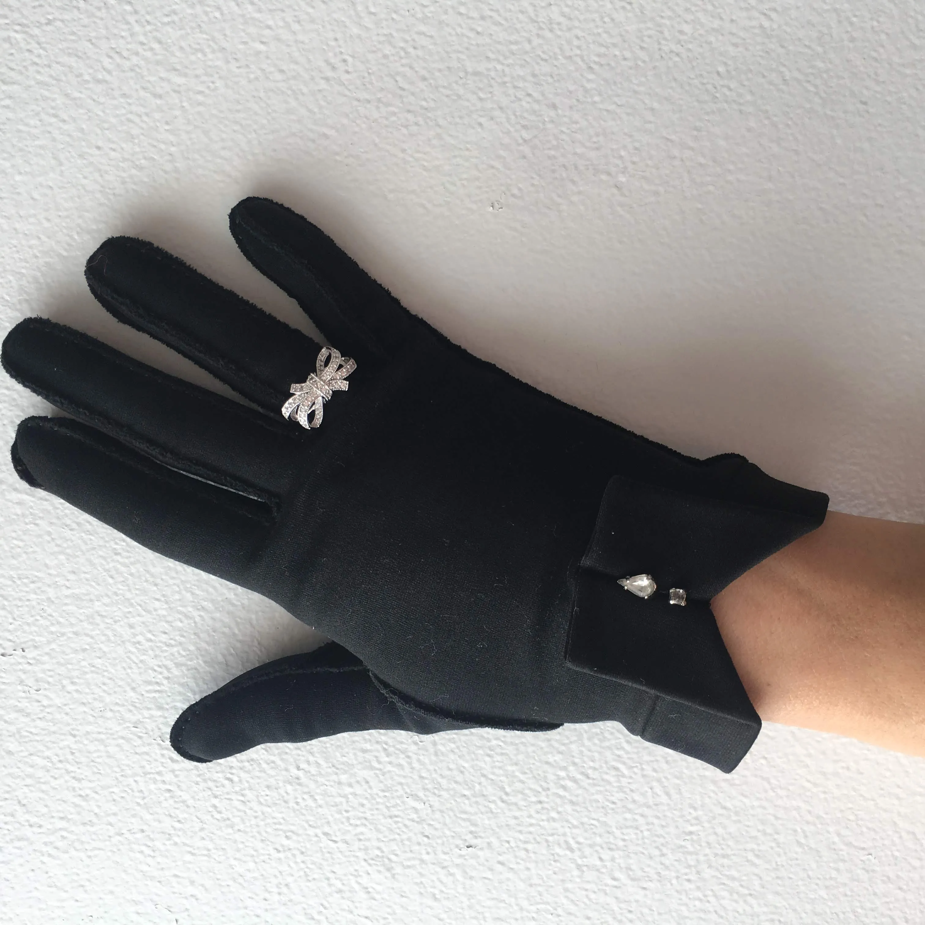 Black Gloves with Rhinestones Vintage Accessory