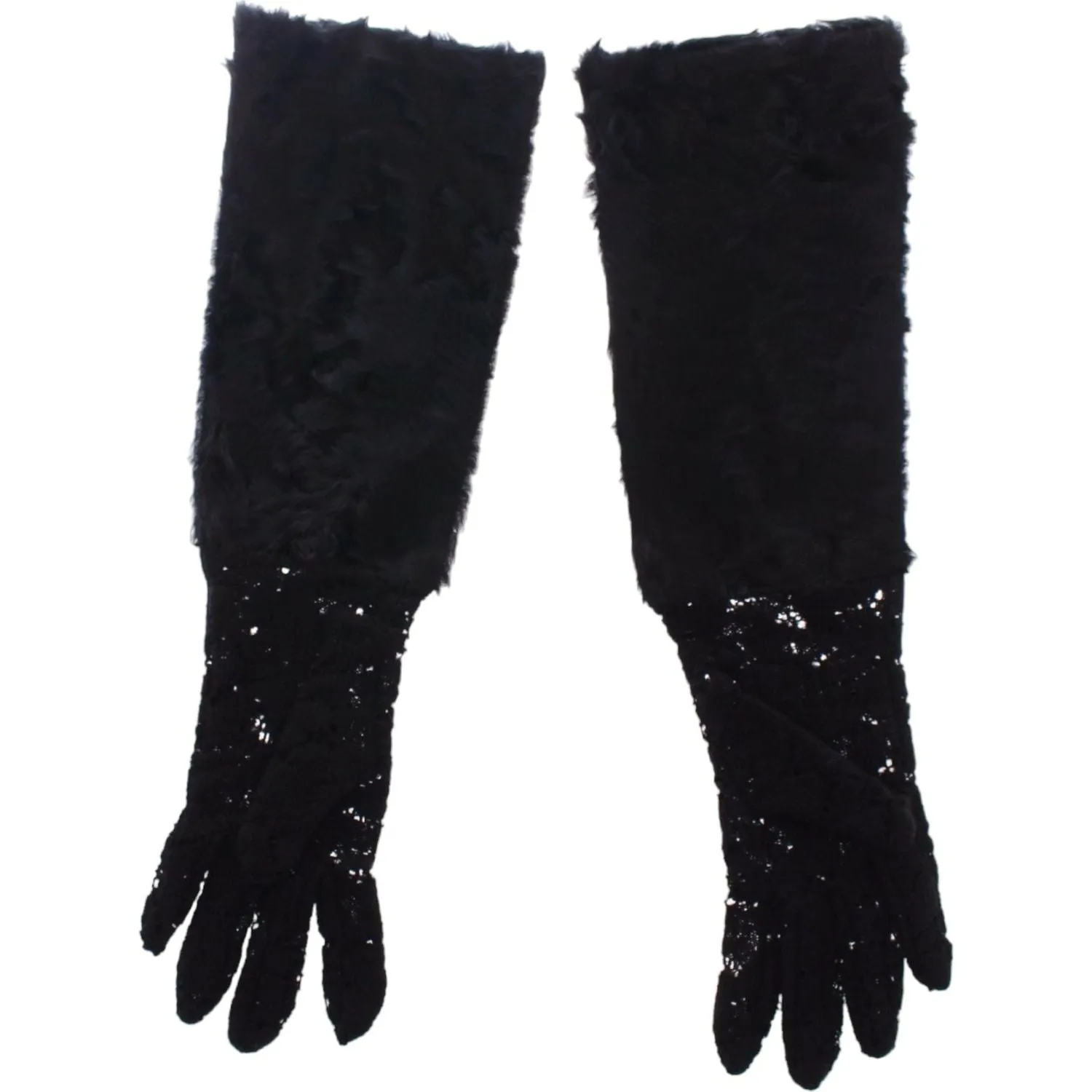 Dolce & Gabbana Black Wool Lace & Lamb Fur Elbow Gloves