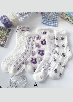 Elegant Floral Jacquard Cotton Mid Calf Socks