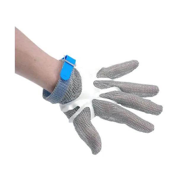 Five Finger Stainless Steel Mesh Glove With Blue Silicone Strap Large - 44350