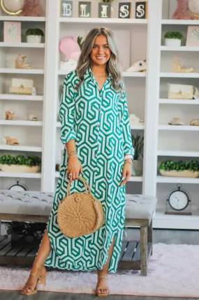 Geometric Emerald and Ivory Shirt Dress