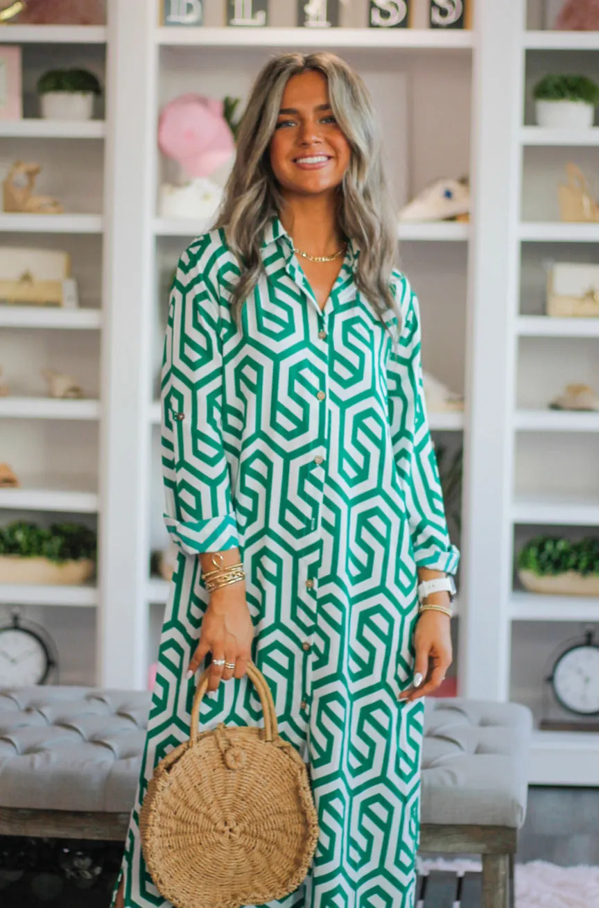 Geometric Emerald and Ivory Shirt Dress