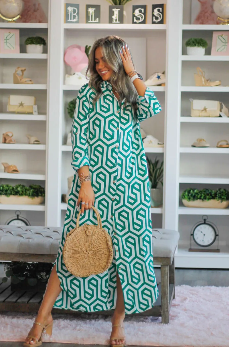 Geometric Emerald and Ivory Shirt Dress