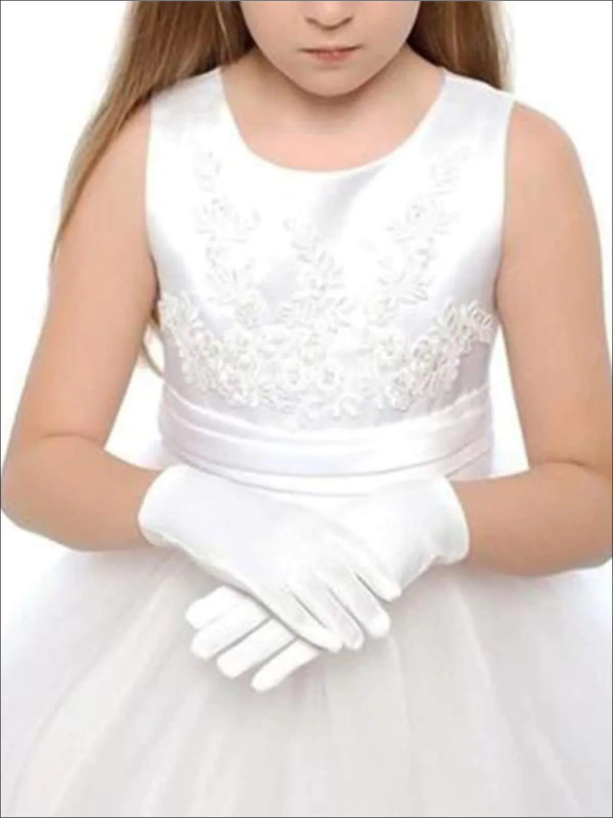 Girls White Satin Wrist Length Gloves