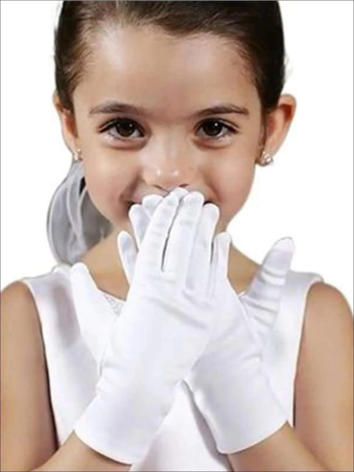 Girls White Satin Wrist Length Gloves