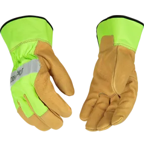 Kinco 1919 Hi-vis Nylon Fabric Back and Safety Cuff Grain Pigskin Palm Gloves (One Dozen)