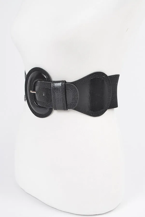 Metallic Faux Leather & Elastic Belt in Black