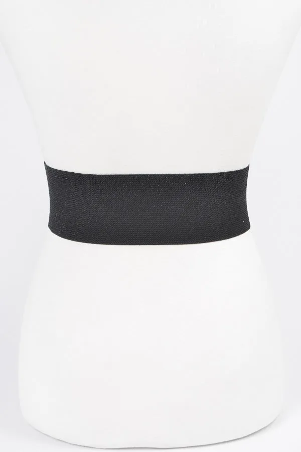 Metallic Faux Leather & Elastic Belt in Black