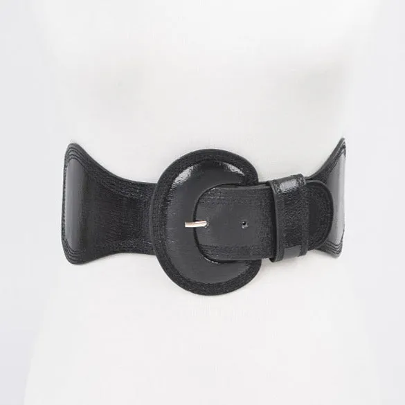 Metallic Faux Leather & Elastic Belt in Black