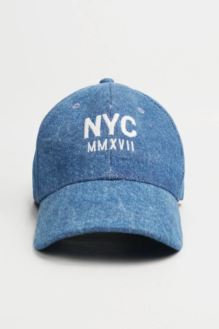 NYC Denim Embroidered Cap - Blue