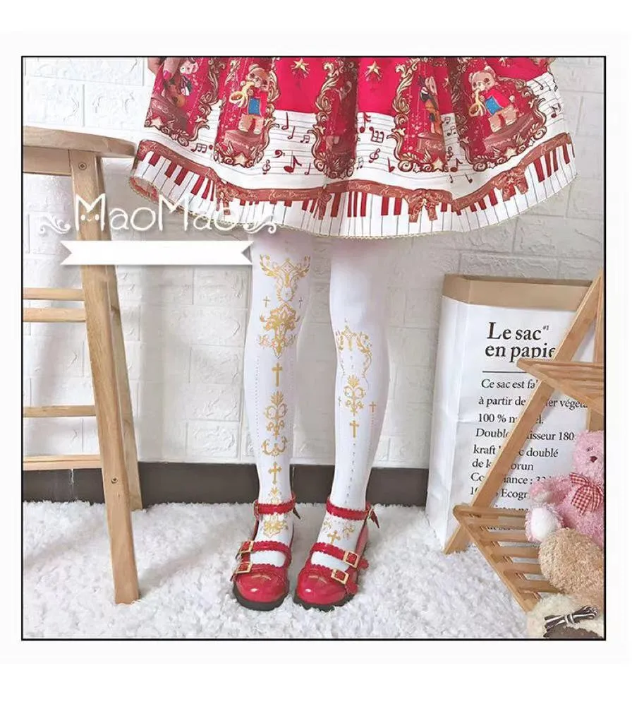 Wulala Mew~Elegant Lolita Pantyhose Daily Gold Foil Printing Tights