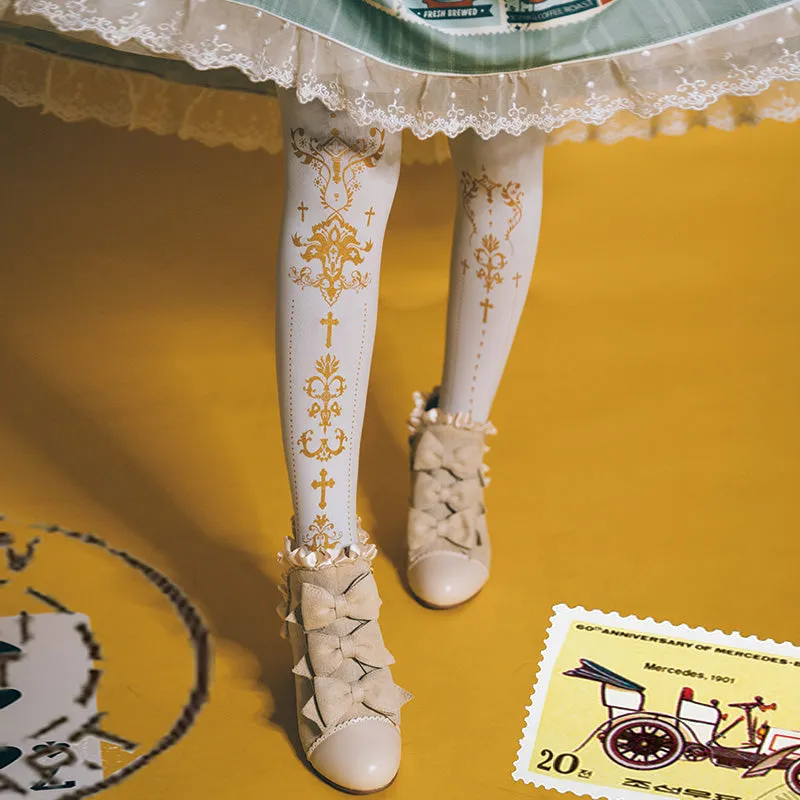 Wulala Mew~Elegant Lolita Pantyhose Daily Gold Foil Printing Tights