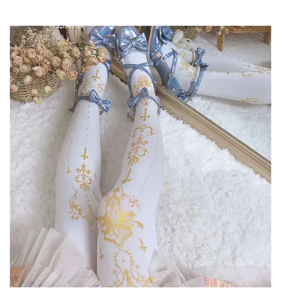 Wulala Mew~Elegant Lolita Pantyhose Daily Gold Foil Printing Tights