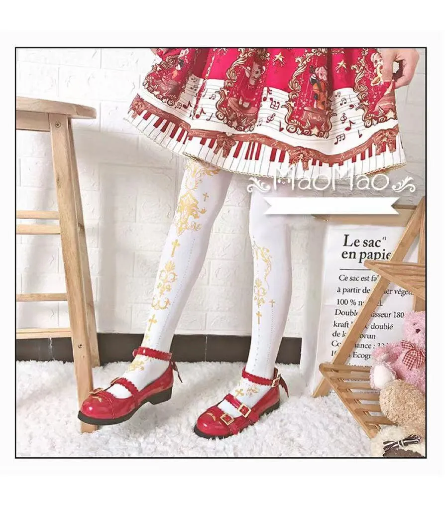 Wulala Mew~Elegant Lolita Pantyhose Daily Gold Foil Printing Tights