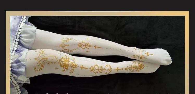 Wulala Mew~Elegant Lolita Pantyhose Daily Gold Foil Printing Tights