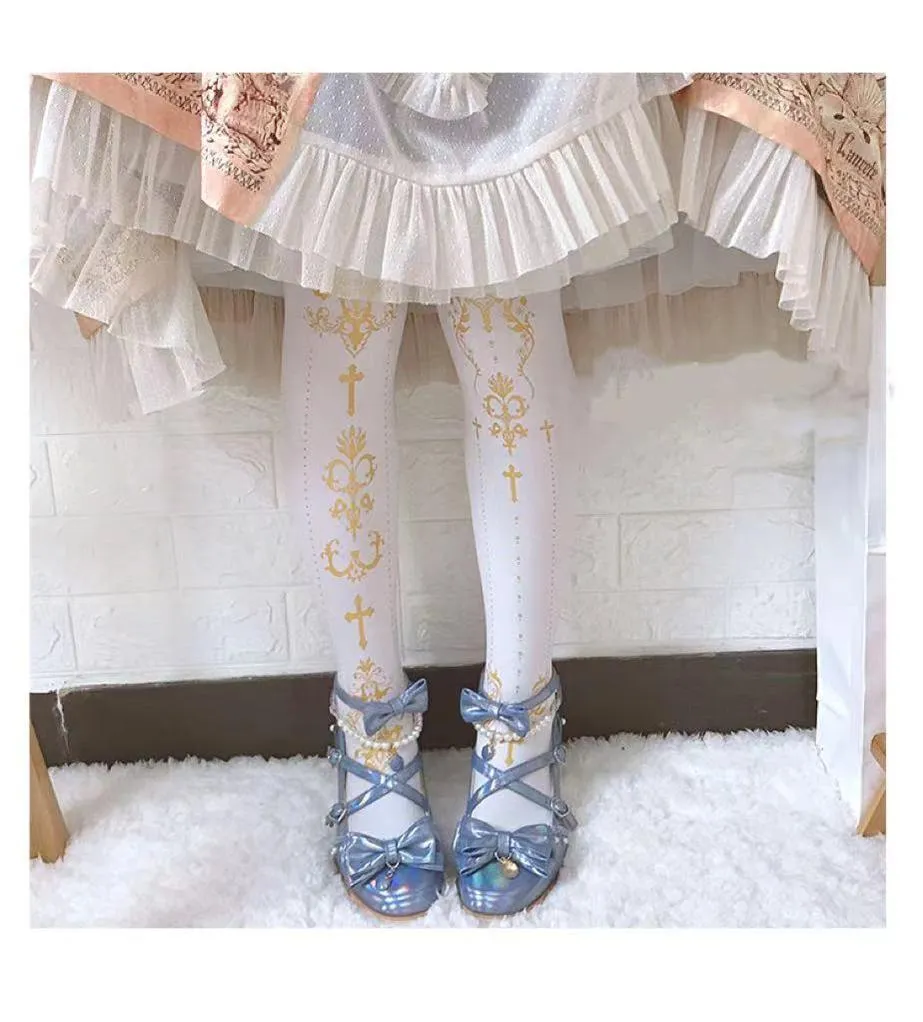 Wulala Mew~Elegant Lolita Pantyhose Daily Gold Foil Printing Tights